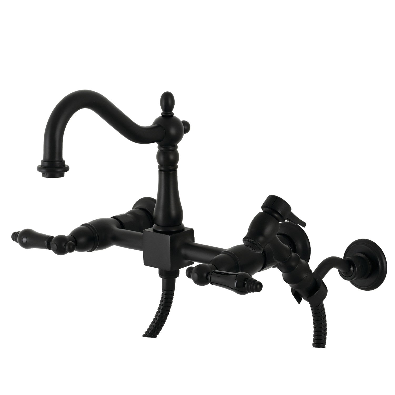 Kingston Heirloom KS1260PKLBS - Duchess Two-Handle 3-Hole Wall Mount Bridge Kitchen Faucet with Brass Sprayer, Matte Black — image 1